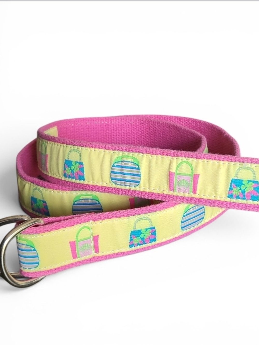 DOUGLAS PAQUETTE Canvas Handbag Belt Size Large D-Ring Pink Yellow Preppy